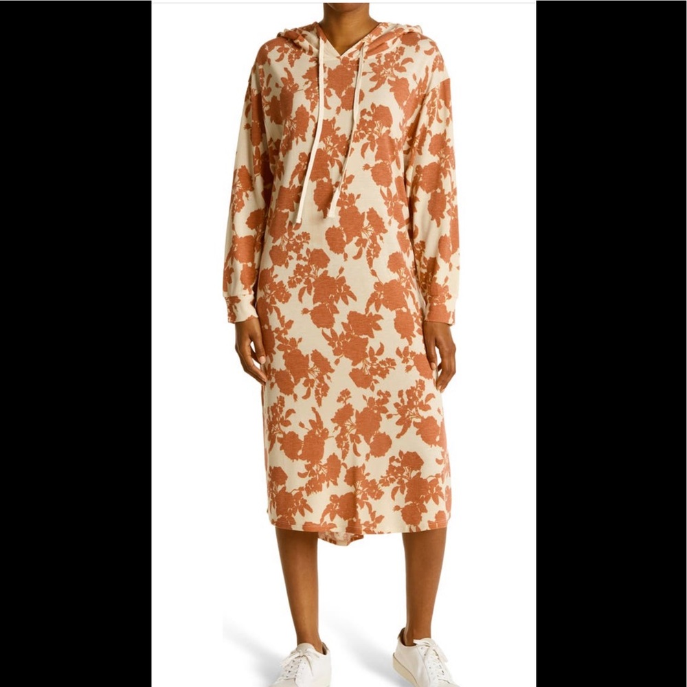 Floral Print Hooded Dress In Rust/ Natural